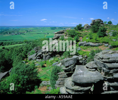 Brimham Rocks, in der Nähe von Pateley Brücke an einem heißen sonnigen Tag, North Yorkshire, England, UK. Stockfoto