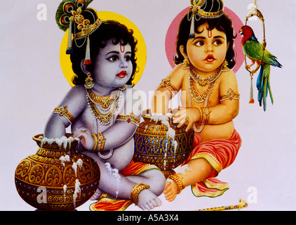 Baby Krishna & Bruder Bal Ram - Buttermilch & Quark zu stehlen Stockfoto