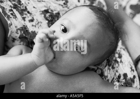 Ein kleinen Jungen der gemischte chinesische kaukasischen Rasse am Daumen lutscht Stockfoto