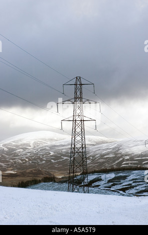 Strommast auf Heather Moore, mit Heidekraut brennende Muster und visuelle Umweltverschmutzung Landschaft, Schottland, Vereinigtes Königreich Stockfoto