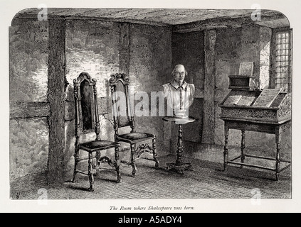 Haus Henley Street Stratford-upon-Avon geboren William Shakespeare Interieur innen Büste Schreibtisch Stuhl Manuskript UK GB-Großbritannien Stockfoto