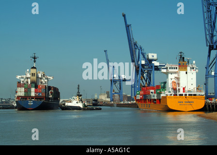 Ankommendes Frachtschiff, unterstützt von Schleppern, einem kleinen gelben Frachter, der neben Kranen im Felixstowe Port Suffolk UK mit Transportcontainern beladen ist Stockfoto