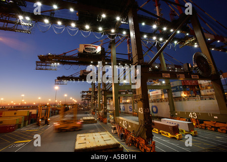 Container Yard Ladekrane in der Dämmerung Stockfoto