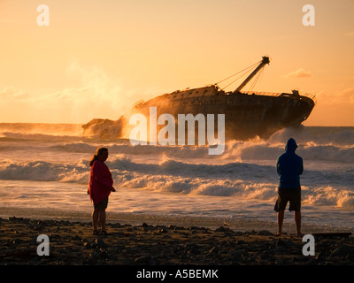 Wrack der American Star Playa de Garcey in der Nähe von Pajara Fuerteventura Kanaren Spanien bei Sonnenuntergang Stockfoto