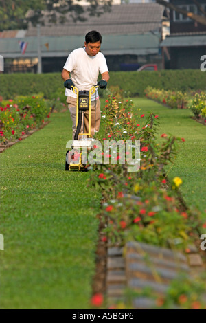 Gärtner aufräumt Rasen Kanten mit Power Trimmer Don-Rak-Kanchanaburi-Soldatenfriedhof Thailand Stockfoto