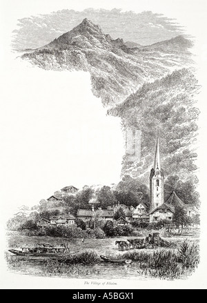 Fluelen See Genf Lac Leman Schweiz Schweizer Vierwaldstatter Alp Alpen Dorf Stadt Chalet Pferd Wagen Bootshaus Stockfoto