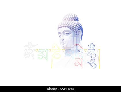 Blau weiße Buddha-Kopf und tibetischen Om Mani Padme Hum Mantra Stockfoto