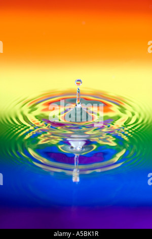 Regenbogentropfen Wasser Wellen Reflexion. Wasser auf eine Platte Spiegel reflektierte Farbe Stockfoto