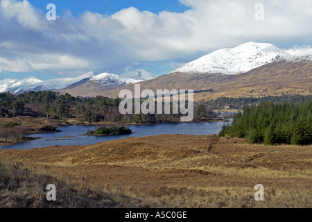 Ein kalter Winter Blick auf Loch Tulla Forest Lodge Schwarzen Berg Highland Schottland mit Snowclad Berg Stob Ghabhar nach rechts. Stockfoto