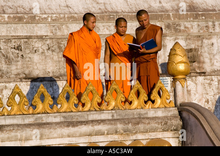 Mönche lesen aus einem Buch auf Phu die Stupa Udumxai oder Muang Xai Laos Stockfoto