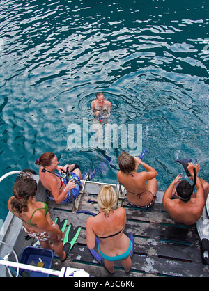 Junge Menschen auf Tour Boot Wasser Sportplattform vorbereiten zum Schnorcheln vor der Insel Phi Phi Leh Thailands Stockfoto