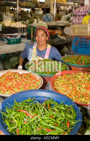 Frau, die Schüsseln mit einer Vielzahl von heißen scharfen Chilis, asiatische, asiatische Gemüsechilli, traditionellen Indoor Food Market, Provinz Krabi, Thailand verkauft Stockfoto