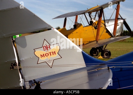 Historische De Havilland Tiger Moth Flugzeuge auf eine Fliege im Airfield Popham aufgereiht Stockfoto