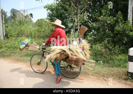 Asiatische Straße Verkäufer Händler auf Fahrrad mit Bürsten waren für Verkauf Krabi Beach Resort Thailand Asien Stockfoto