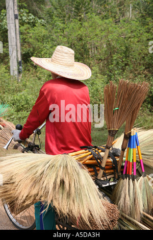 Asiatische Straße Verkäufer Händler auf Fahrrad mit Bürsten waren für Verkauf Krabi Beach Resort Thailand Asien Stockfoto