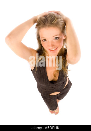 Kopfschuss jungen Frau weißen Hintergrund im studio Stockfoto