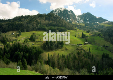 Berge und Täler im Frühjahr in der Nähe von Annecy, Französische Alpen, Frankreich Stockfoto