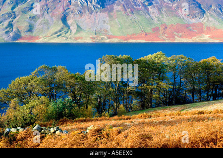 Blick über Crummock Wasser auf über Mellbreak im Lake District an einem sonnigen Herbsttag. Stockfoto