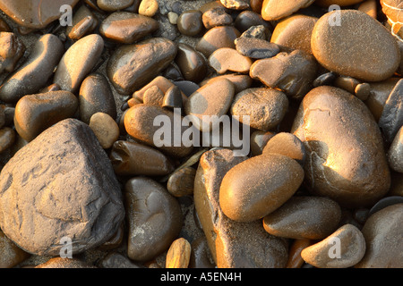 Welle und Wasser getragen Felsen und Kieselsteine am Strand liegen Stockfoto