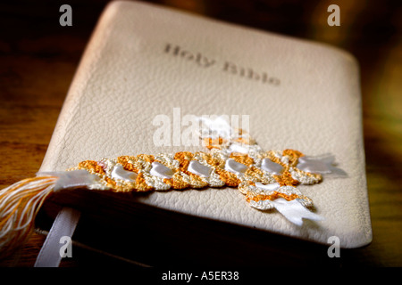 Bibel mit gehäkelten Kreuz Stockfoto