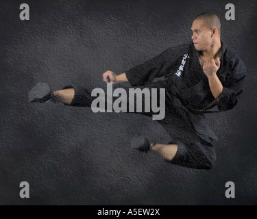 Schwarzer Gürtel Karate-Lehrer tun einen fliegenden Sidekick malte Stein Hintergrund Stockfoto