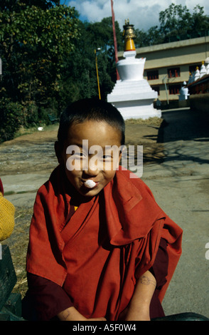 Junger tibetischer buddhistischer Novize Mönch, der Bubblegum bläst, Do-Drul Chörten, Gangtok, Sikkim, Indien Stockfoto