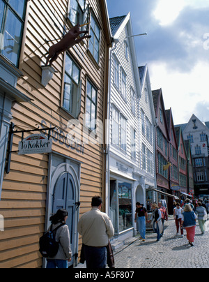 Alte Hansestadt Waterfront Lager Holzhäusern, Bryggen, Bergen, Hordaland, Norwegen. Stockfoto