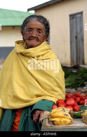 Ältere Frau verkaufen frisches Obst und Gemüse auf einem kleinen Markt in Andasibe, Madagaskar Stockfoto