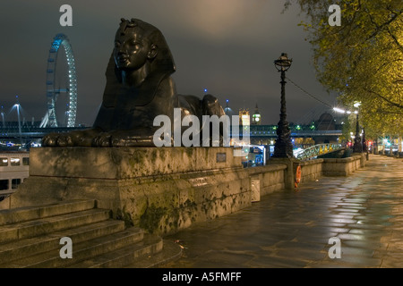 Sphinx von Kleopatras Nadel in der Nacht. Thames Embankment, London Stockfoto