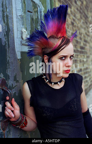 Porträt von einem jungen Punk-Mädchen mit roten und blauen mohawk Stockfoto