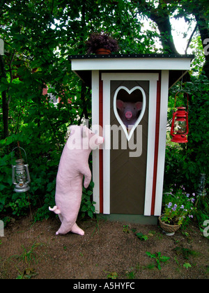 Schwein vor einem Loo-Kabine Stockfoto