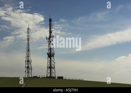 Pylonen / Radio Masten auf der South Downs in East Sussex. Stockfoto