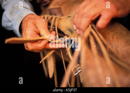 Cowboy Chaps an einer Ferienranch Knife River Ranch North Dakota aufsetzen Stockfoto