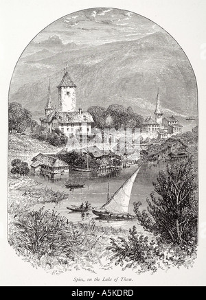 Spiez Thun Schloss Berner Oberland Schweiz Suisse Helvetia Segel Boot Tal Wasser Baumhaus Kirche Christian Berg towe Stockfoto