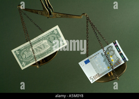 Skala mit einem Gewicht von fünf Euro gegen US Dollar Banknoten Stockfoto