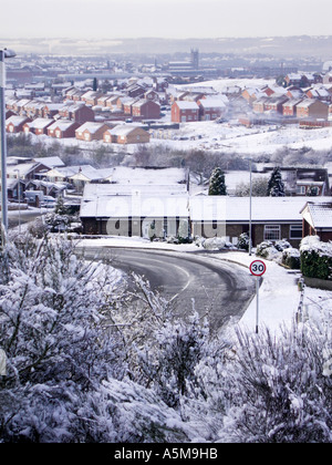 Parkhall Immobilien (Stoke-on-Trent) im Winterschnee Stockfoto