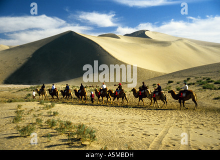 Dunhuang Singing Sands Berge Dünen mit Touristen auf Kamel-Karawane in der Provinz Gansu, China Stockfoto
