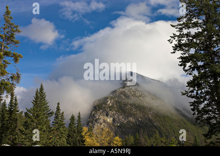 Wolke fließt über Mount Rundle umrahmt von Bäumen an einem sonnigen Tag mit Wolken bilden in der Nähe der schneebedeckten Gipfel Stockfoto