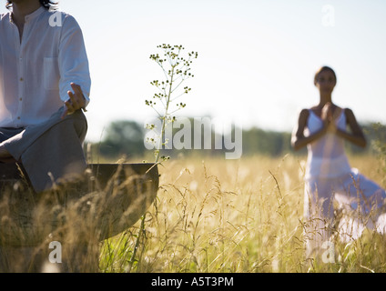 Junge Erwachsene beim Yoga im freien Stockfoto