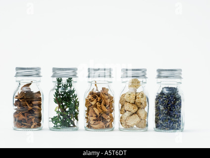 Flaschen von getrockneten Blumen, Kräutern und Holzspäne Stockfoto
