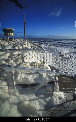 Kinder spielen im Meer Schaum Maroochydore Strand nach Sturm 3361 Stockfoto