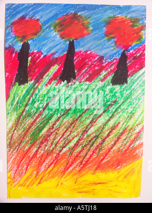 Leuchtend bunte Kreide Landschaft rote Bäume Bildfeld Stockfoto