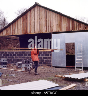 Eine Frau, eine Zimmermeisterin, trägt eine Planke, die an der Konstruktion arbeitet Site Building eine neue Scheune auf einem Bauernhof in ländlichen Carmarthenshire Wales Großbritannien KATHY DEWITT Stockfoto