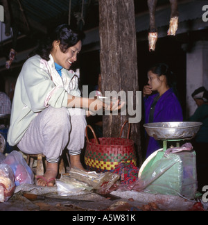 Einheimische Frau ihr Geld an ihrem Marktstand, Muang Sing, Nord Laos zu zählen. Stockfoto