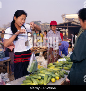 Lokale weibliche Standinhaber wiegt Gemüse auf traditionelle Hand-held Waage, Muang Sing-Markt, Nord-Laos. Stockfoto