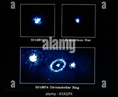 Erstes ESA-Bild mit schwacher Objektkamera Science von Supernova SN1987A (oben links) mit Vergleichsstern (oben rechts) unten im Bild zeigt es S Stockfoto