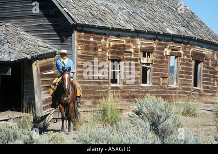 Cowboy auf einem Quaterhorse vor einem alten Schulhaus Oregon USA Stockfoto