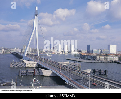 Hängebrücke über den Fluss, Erasmusbrücke, Nieuwe Maas Fluss, Rotterdam, Niederlande Stockfoto