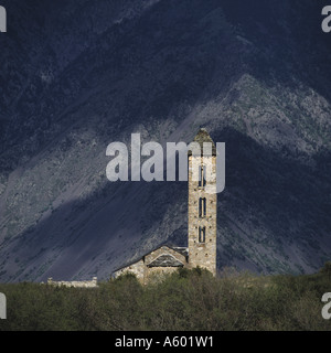 Erhöhte Ansicht der Kirche Sant Joan de Caselles, Canillo, Andorra Stockfoto