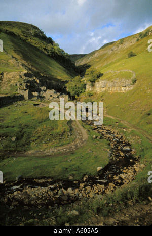 Reste führen der alten Minenarbeiten am Fuße des Swinner Gill, in der Nähe von Keld, obere Swaledale, North Yorkshire, England, UK. Stockfoto